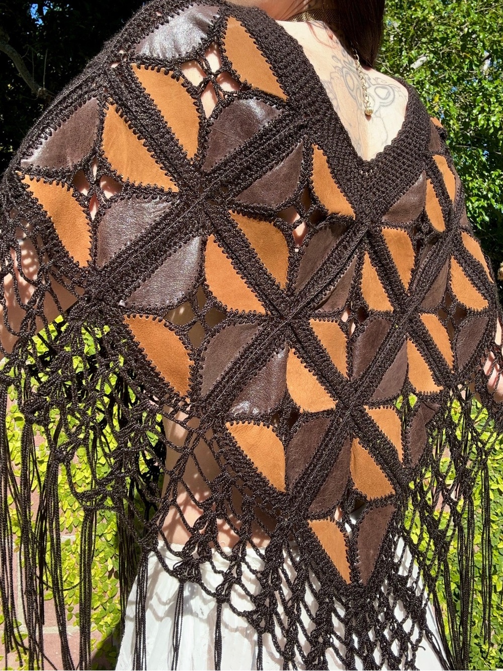 Vintage 1970's Brown Leather and Suede Triangle Patchwork Shawl with Fringe
